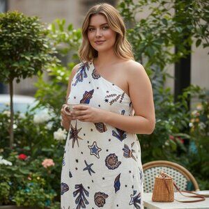 C&C California Linen One Shoulder Midi Dress XL NWT White Seashell Coastal Beach